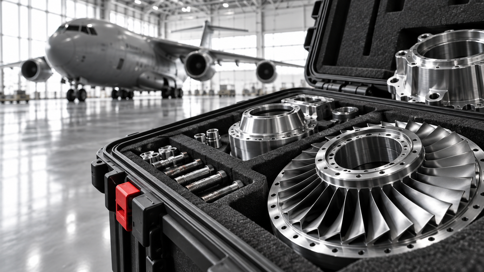 Illustrative aviation components prepared for transport